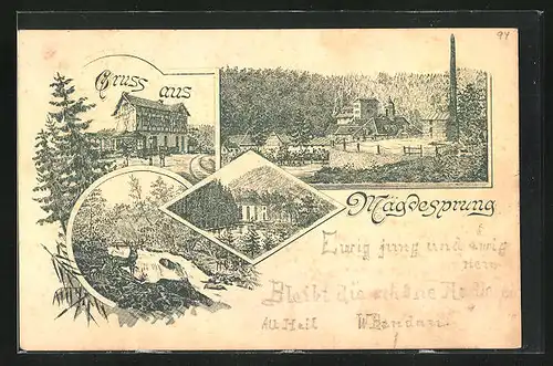 Vorläufer-Lithographie Mägdesprung, 1894, Gasthaus, Ortspartie mit Schornstein
