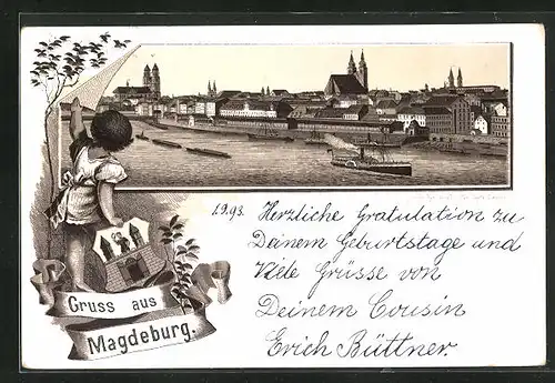 Vorläufer-Lithographie Magdeburg, 1893, Flusspartie mit Stadtzentrum
