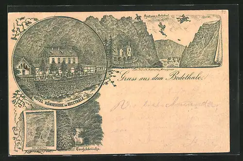 Vorläufer-Lithographie Thale, 1893, Hotel Könisgruhe um Bodethale, Teufelsbrücke