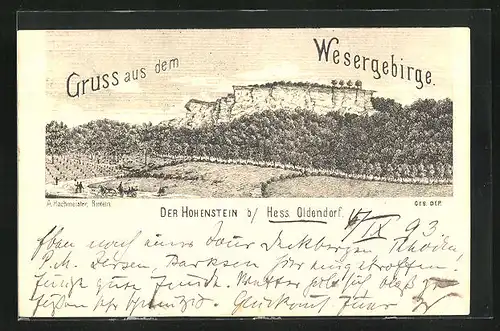 Vorläufer-Lithographie Hessisch Oldendorf, 1893, Der Hohenstein im Wesergebirge