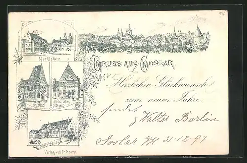 Vorläufer-Lithographie Goslar, 1894, Kaiserhaus, Altdeutsches Gildehaus