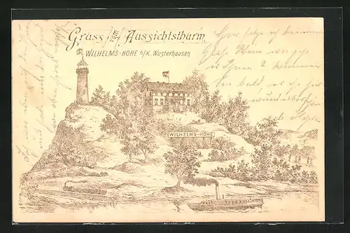 Lithographie Königs Wusterhausen, Gasthaus Wilhelms-Höhe mit Dampfer