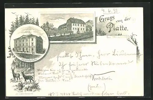 Vorläufer-Lithographie Wiesbaden, 1895, Forst- und Gasthaus Platte, Jagdschloss