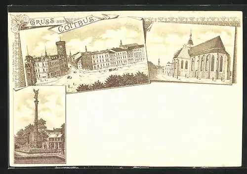 Lithographie Cottbus, Wasserturm mit Sprembergerstrasse aus der Vogelschau, Kirche mit Strasse, Siegesdenkmal