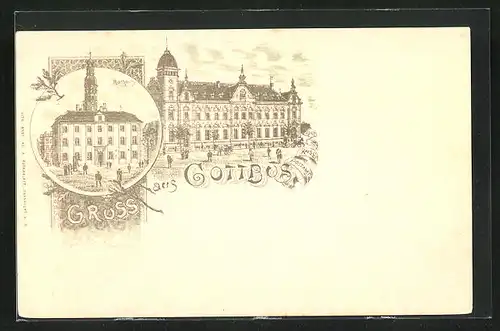 Lithographie Cottbus, Kaiserliches Postamt, Rathaus