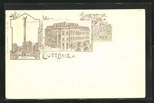 Lithographie Cottbus, Bürgerschule, Siegessäule