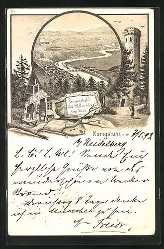 Vorläufer-Lithographie Heidelberg, 1893, Aussichtsturm auf dem Königsstuhl