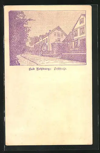 Lithographie Bad Rehburg, Poststrasse mit Wohnhäusern