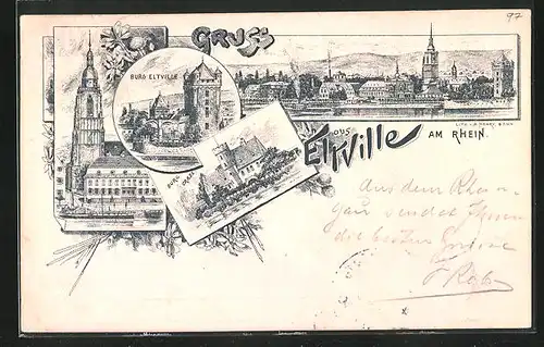 Lithographie Eltville, Burg, Totalansicht