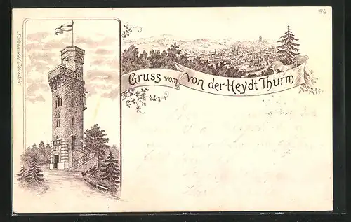 Lithographie Elberfeld, Von der Heydt Turm, Totalansicht