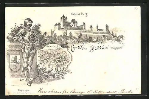 Lithographie Burg a. d. Wupper, Schloss, Unterburg