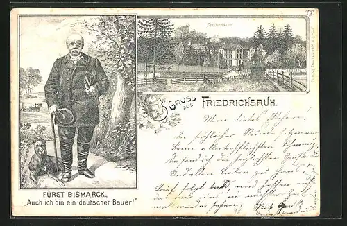 Lithographie Friedrichsruh, Ortspartie, Fürst Bismarck mit Hund