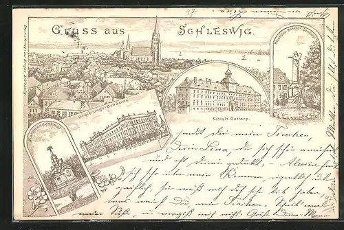 Lithographie Schleswig, Schloss Gottorp, Totalansicht, Regierungs-Gebäude