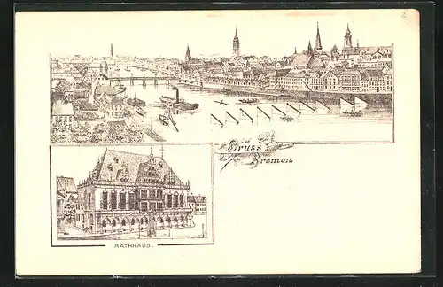 Lithographie Bremen, Flusspartie mit Stadtzentrum, Rathaus
