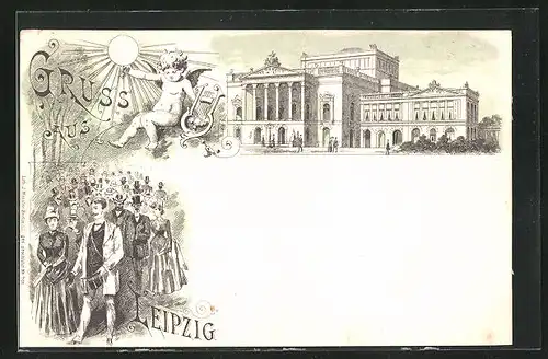 Lithographie Leipzig, Vorderseite vom Neuen Theater