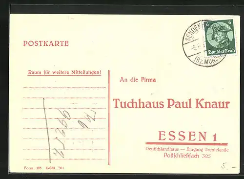 AK Essen, Tuchhaus Paul Knaur, Bestellkarte