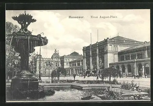 AK Hannover, Ernst-August-Platz mit Bahnhof und Brunnen