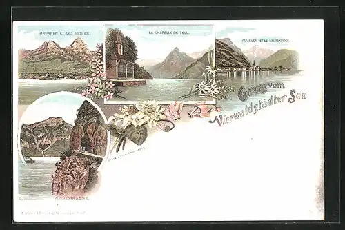 Lithographie Brunnen, Ortsansicht gegen Mythen, Axenstrasse, Fluelen