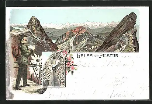 Lithographie Pilatus, Bergsteiger geniesst Panoramablick über die Alpen, Pilatus-Bahn