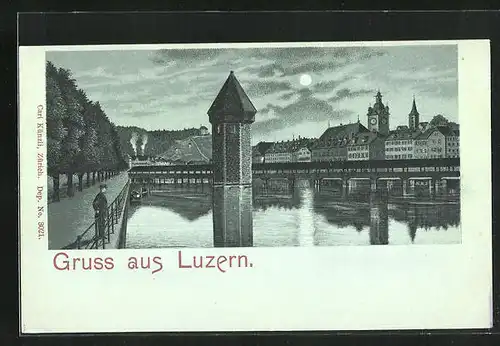 Mondschein-Lithographie Luzern, Kapellbrücke und Wasserturm