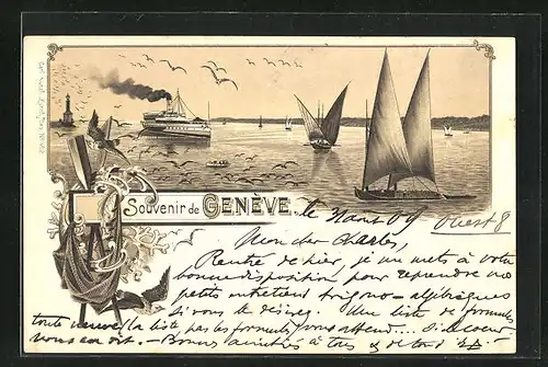 Lithographie Geneve, Dampfer und Segelboote auf dem See