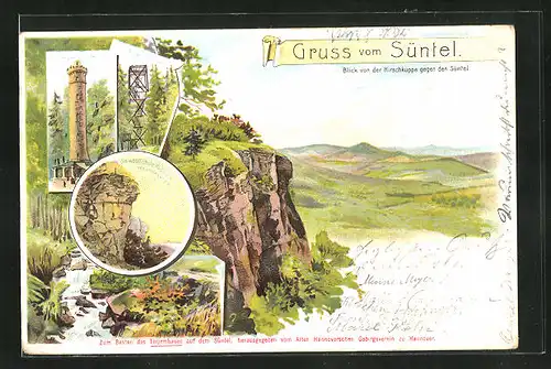 Künstler-AK Süntel, Neuer Turm, Alter Turm, Hohenstein, Die westlichste Klippe sog. Hirschkoppe von unten gesehen