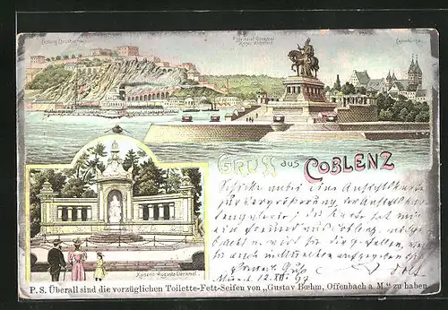 Lithographie Coblenz, Provinzial-Denkmal Kaiser Wilhelm I. mit Festung Ehrenbreitstein und Castorkirche
