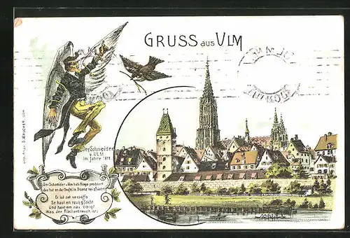 Künstler-AK Ulm, Ortspartie mit Kirche, Der Schneider von Ulm im Jahre 1811