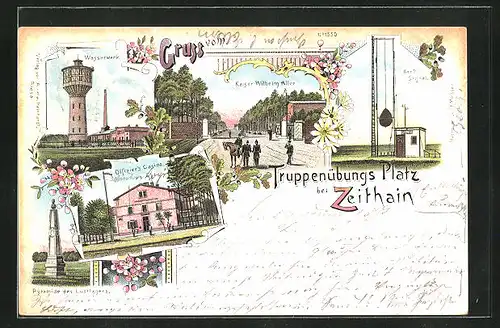 Lithographie Zeithain, Kaiser Wilhelm Allee, Offizierscasino, Wasserwerk