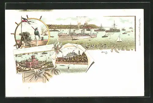 Lithographie Kiel, Kriegshafen mit Kriegschiffen der Marine und Schloss