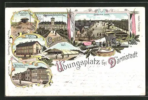 Lithographie Darmstadt, Preussisches Stabsgebäude, Barackenlager, Sicherheitsstand