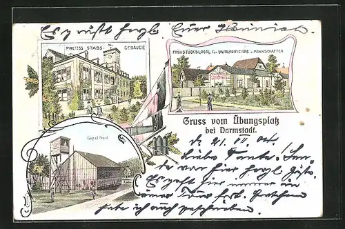 Lithographie Darmstadt, Preussisches Stabsgebäude, Gasthaus für Unteroffiziere, Göpel Nord