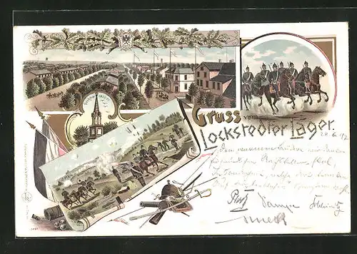 Lithographie Lockstedter Lager, Soldaten bei einem Manöver auf dem Truppenübungsplatz, Barackenlager