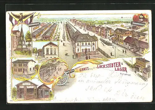 Lithographie Lockstedter Lager, Panorama vom Barackenlager mit Hotel