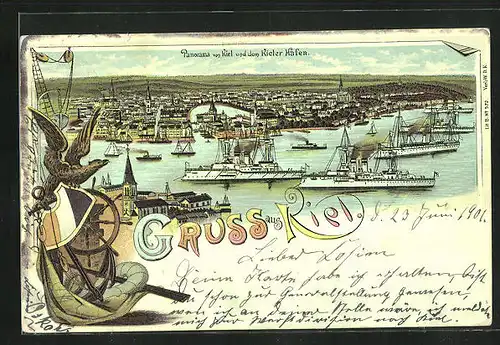 Lithographie Kiel, Panorama mit Hafen, Wappen