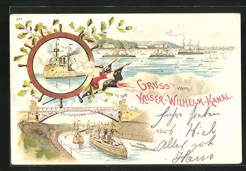 Lithographie Kiel, Kriegsschiffe passieren die Eisenbahnbrücke, Schiffe im Hafen