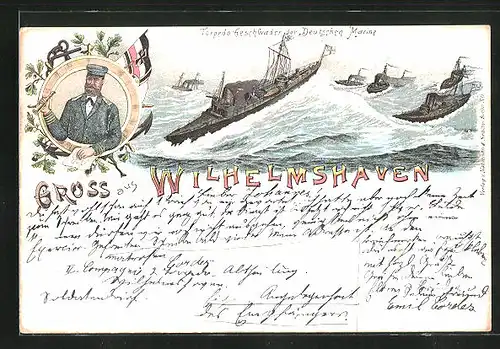 Lithographie Wilhelmshaven, Torpedo Geschwader der deutschen Marine auf stürmischer See