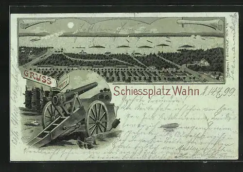 Mondschein-Lithographie Wahn, Barackenlager und Schiessplatz mit Geschütz