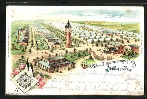 Lithographie Döberitz, Panorama vom Truppenübungsplatz mit Barackenlager und Offizier-Casino