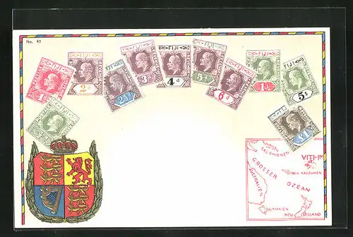 AK Briefmarken und Wappen von den Fiji Inseln, Landkarte