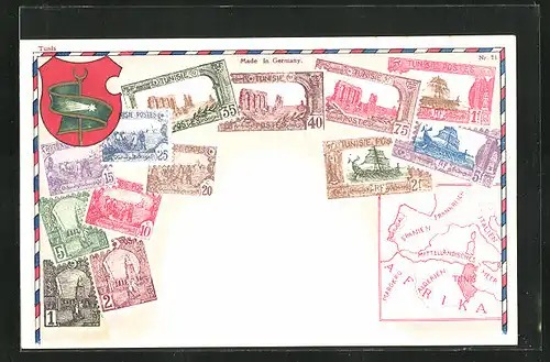AK Briefmarken und Wappen von Tunesien