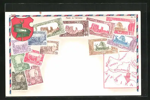 AK Briefmarken und Wappen von Tunesien, Landkarte