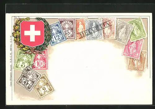 AK Briefmarken und Wappen der Schweiz