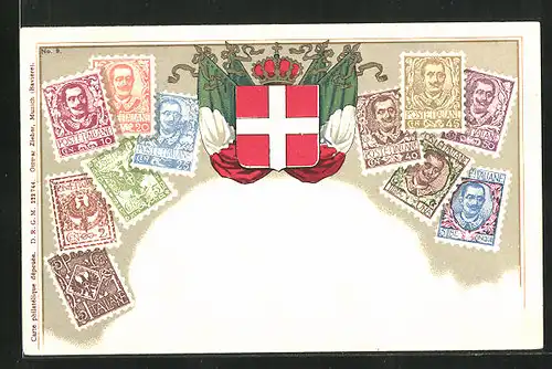 AK Briefmarken und Wappen von Italien