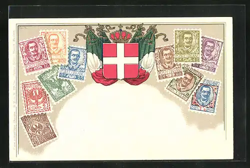 AK Briefmarken und Wappen von Italien