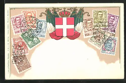 AK Briefmarken, Nationalflagge und Wappen von Italien