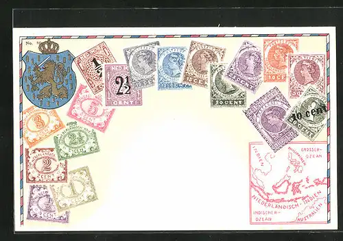AK Briefmarken und Wappen von Niederländisch-Indien