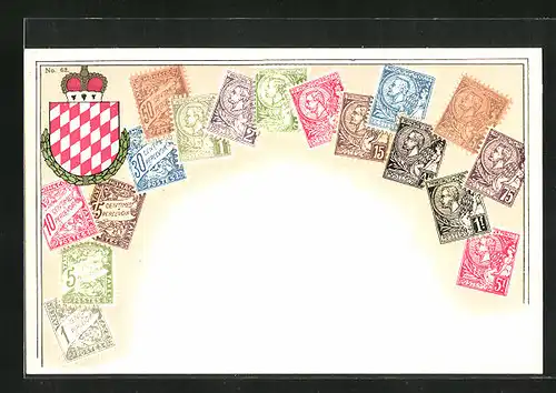 AK Briefmarken und Wappen von Monaco
