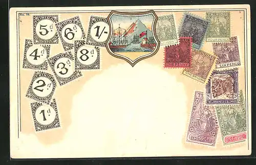 AK Briefmarken von Trinidad, Wappen mit Schiffen