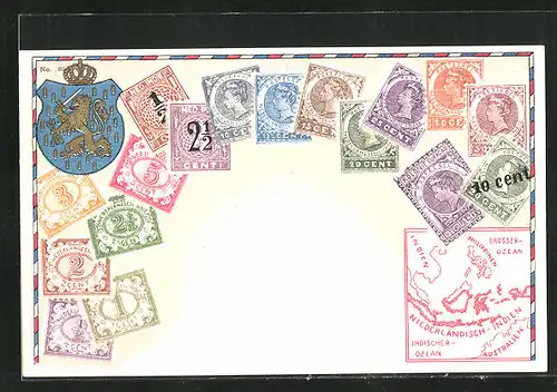 AK Briefmarken und Wappen von Niederländisch-Indien mit Landkarte